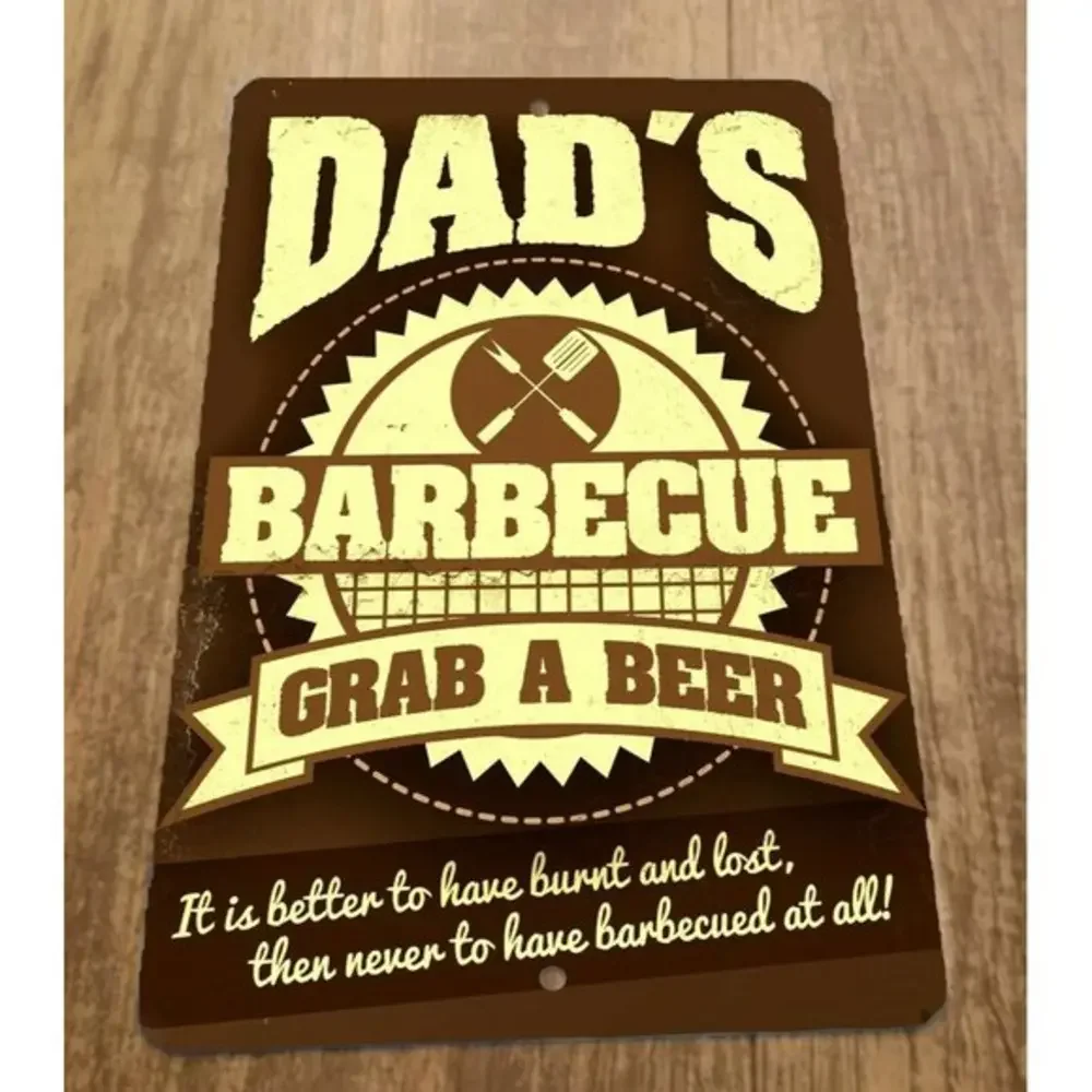 Dads BBQ Grab a Beer 8x12 Metal Wall Outdoor Patio Bar Sign